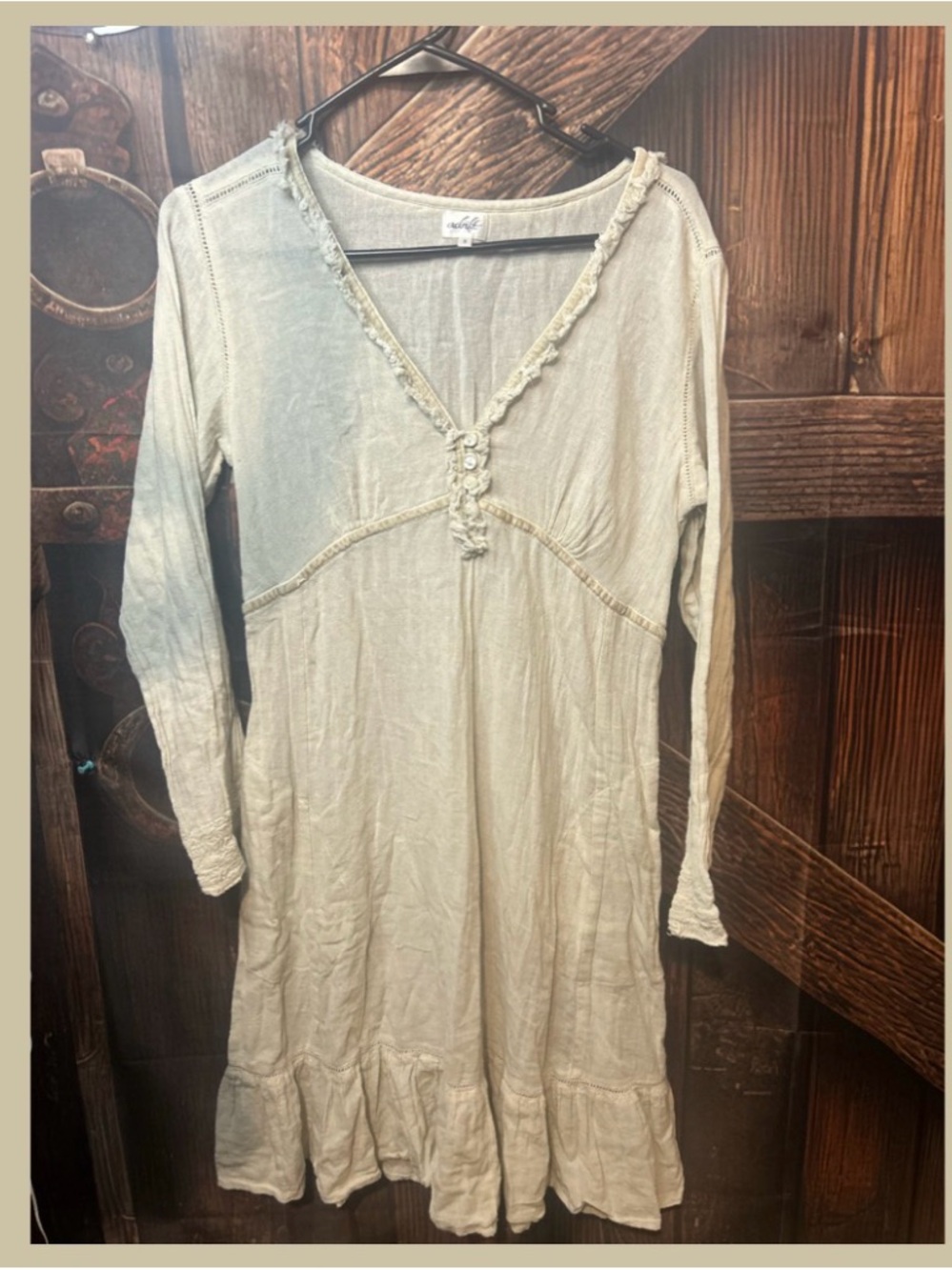 Light Beige Ruffle-Trim Long Sleeve V-Neck Dress
